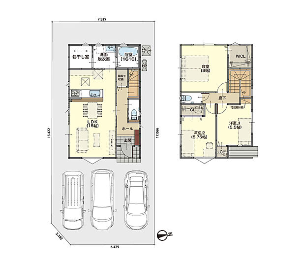 LDKは一体型で家族が集まって楽しい時間を過ごすのに最適な空間です。2階には、CL完備の3つの居室を配置!さらに階段下に物入完備で収納力◎+花粉の季節も安心のホスクリーン付室内物干しスペースあり。
