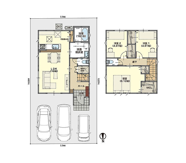LDKは一体型で家族が集まって楽しい時間を過ごすのに最適な空間です。2階には、CL完備の3つの居室を配置！さらにキッチンや階段下に物入完備で収納力◎＋花粉の季節も安心のホスクリーン付洗面脱衣室。