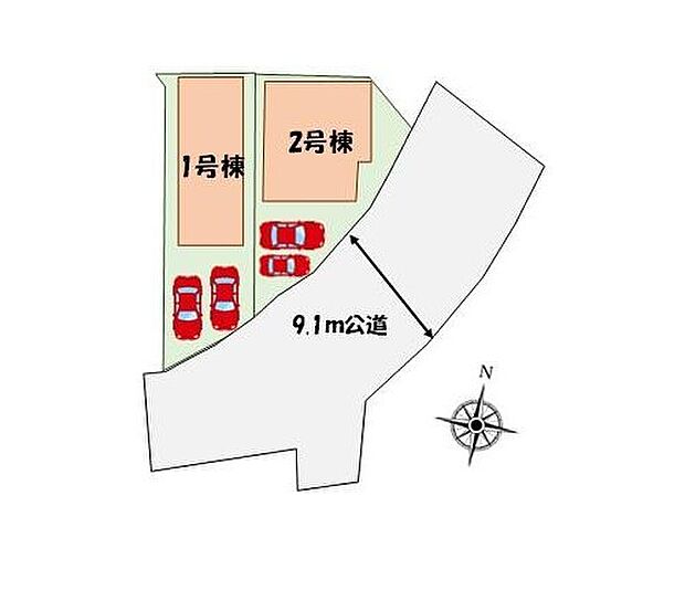 ≪全体区画図≫
カースペース2台分♪前面道路南向きで陽当たり良好♪