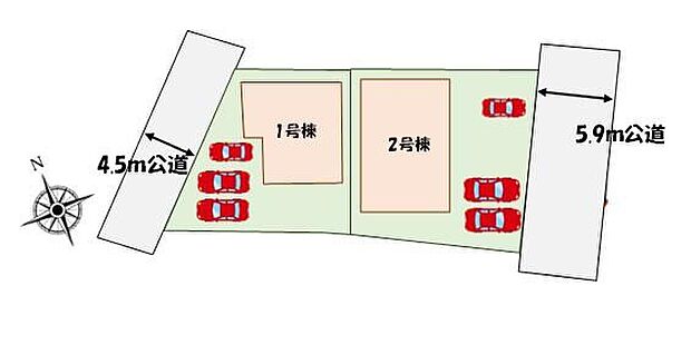 ≪全体区画図≫
カースペース3台分♪2棟共敷地面積50坪超♪