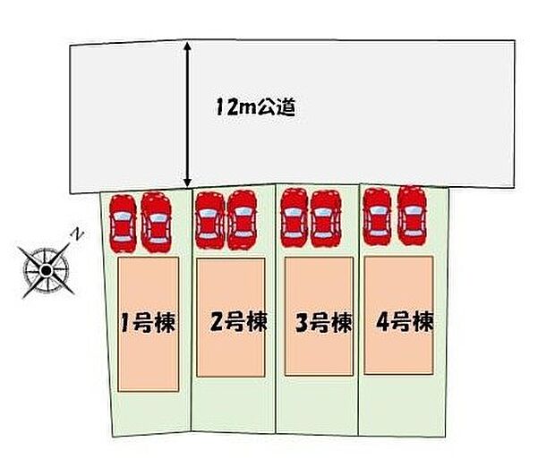 ≪全体区画図≫
カースペース２台分♪前面道路１２メートルで駐車も楽々♪