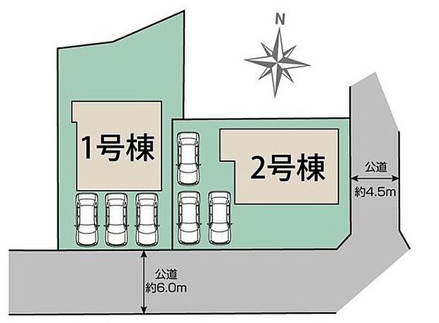 ≪全体区画図≫
カースペース３台分♪
角地につき陽当たり良好♪