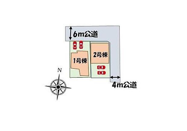 ≪全体区画図≫
開放感あふれる角地を含む全2棟の明るいお住まい♪
カースペース2台分完備しております。