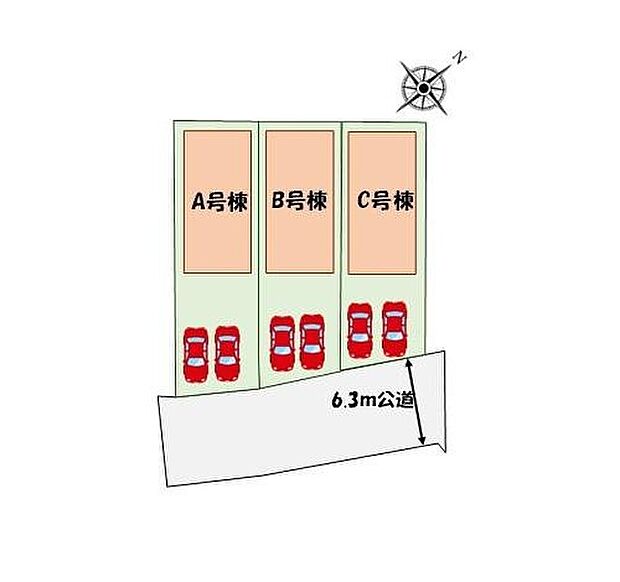 【全体区画図】
カースペース２台分♪前面道路南向きで陽当たり良好♪