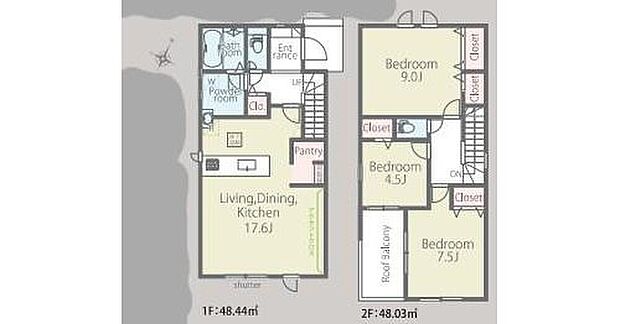 【3LDK】使いやすいL字型のリビングは、テーブルなどの家具が配置しやすく、過ごしやすいお部屋になっています♪キッチンのすぐ横の収納スペースはミネラルウォーターや調味料などの置き場所に最適♪