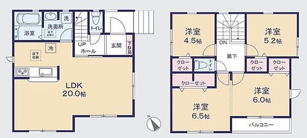 【3LDK】２０帖の広々としたリビングは、対面式キッチン採用でご家族のコミュニケーションが増える間取りです♪
２階には将来の家族構成に合わせて間仕切り対応可能な居室がございます◎全室収納完備！