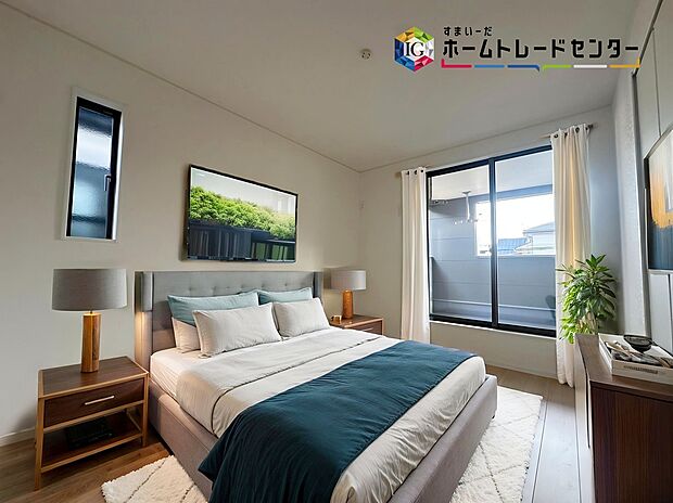 【居室】お陽さまの光をさわやかな風をたっぷりとりこめます。室内はいつも明るい印象なので気持ちの良い朝を迎えられます。毎日の生活も明るくなりそうです。
※家具はCGでございます。
