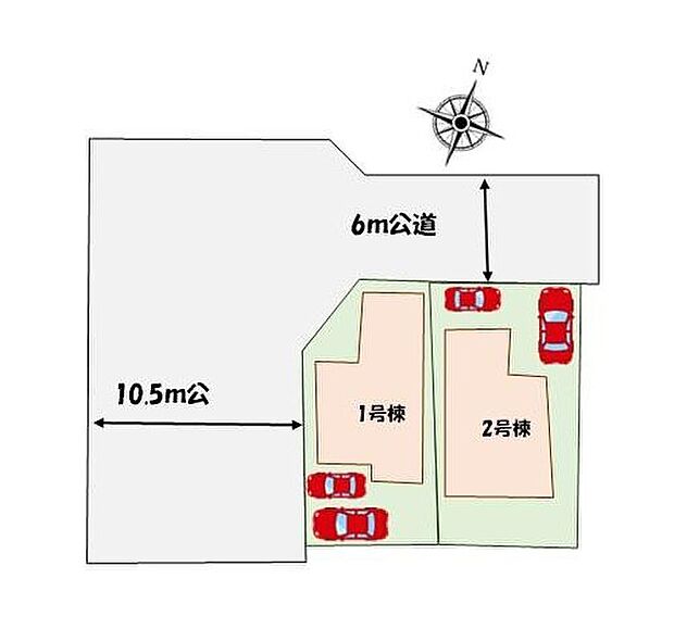 【全体区画図】角地につき陽当たり良好♪前面道路１０．５mで駐車も楽々♪