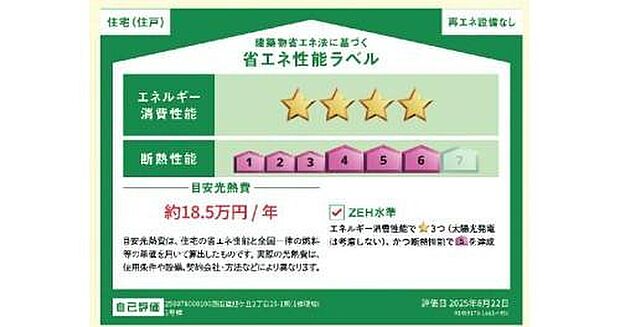 【【省エネ性能ラベル】】こちらの物件はZEH水準を満たした、省エネ性能に優れた物件です。　光熱費を抑えて暮らすことができるだけでなく、「熱の入りにくさ・逃げにくさ」という観点でも影響を受けにくい建物のため、長く快適にお過ごしいただけます♪