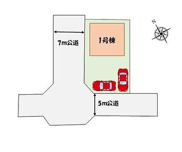 【全体区画図】角地につき陽当たり良好♪カースペース２台分♪前面道路5～7mで駐車も楽々♪