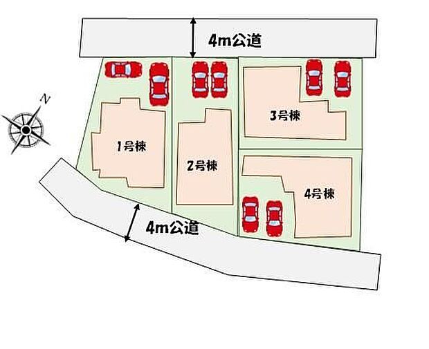 【全体区画図】カースペース２台分♪心地よさを追求した４邸の街並誕生。ライフスタイルに合わせてお選び下さい。