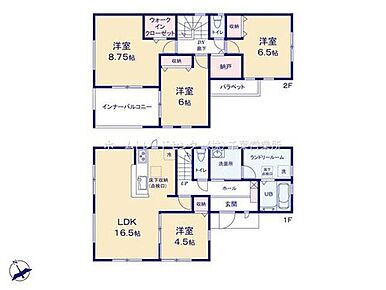 全居室南向きの明るい邸宅♪広々としたランドリールームとウォークインクローゼット・納戸を重視したプランです♪約５帖分のインナーバルコニーは急な雨にも安心です♪ 