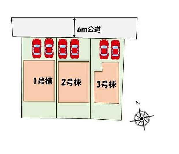 【全体区画図】前面道路6mで駐車も楽々♪カースペース2台分♪