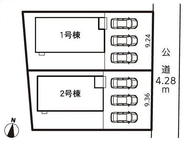  １号棟　２，４８０万円
２号棟　２，３８０万円

各棟並列３台分の駐車スペースを確保しました♪