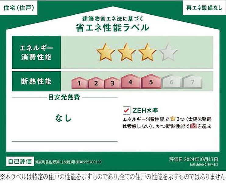 こちらの物件はZEH水準を満たした、省エネ性能に優れた物件です。光熱費を抑えて暮らすことができるだけでなく、「熱の入りにくさ・逃げにくさ」という観点でも影響を受けにくい建物です。