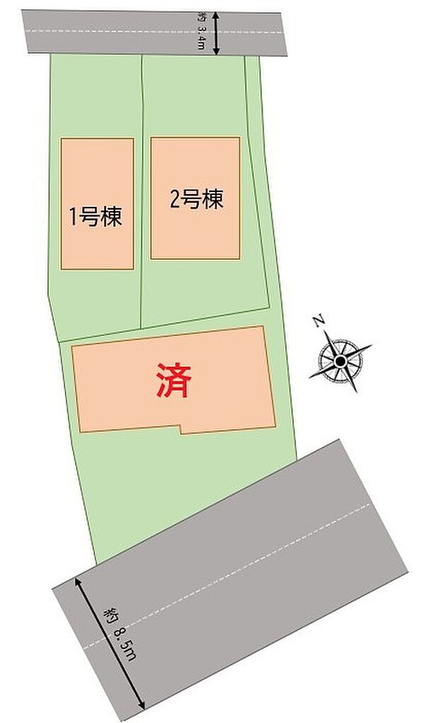 【全体区画図】１号棟　２，５８０万円
２号棟　２，５８０万円
３号棟　ご成約済み

並列２～３台分の駐車スペースを確保しました♪