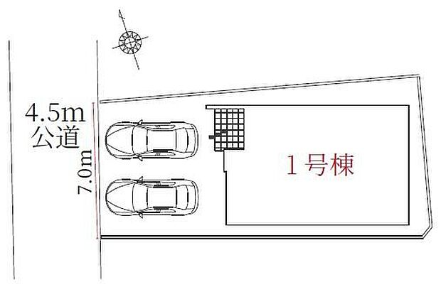 【全体区画図】1号棟 2,799万円
並列2台駐車可能なカースペースあり☆