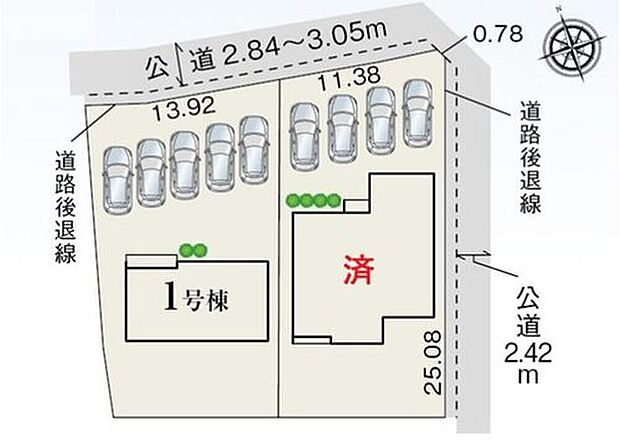 【全体区画図】１号棟　２，６２０万円
２号棟　２，６７０万円

並列４台～５台駐車可能（号棟による）なカースペース有り☆