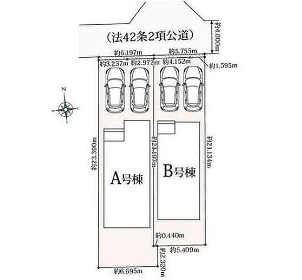 【全体区画図】A号棟 2,990万円
B号棟 2,890万円
並列2台駐車ができるカースペースを確保しました♪