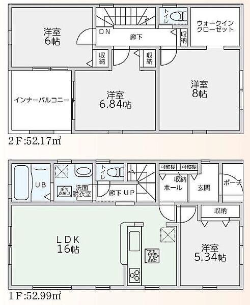 1号棟：２階の洋室は６帖以上でプライベート空間も広々です。
屋根付きバルコニー付きで便利です。