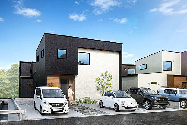 【外観イメージ】
モノトーンの配色がおしゃれな、洗練されたデザインの外観。並列で駐車できるゆとりのあるカースペースも魅力的です。家族みんなが笑顔になれる素敵なマイホーム！