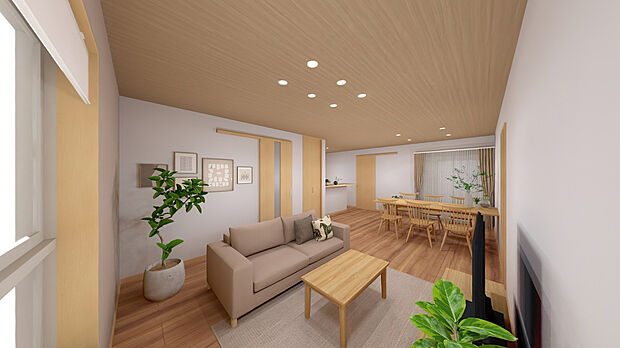 【【完成イメージパース(リビング)】】■20帖の広々リビングはダウンライトで天井がすっきりし、空間をより広く演出。インテリアも映える設計。さらにリビングから中庭へ直接出られ、自然と暮らしを楽しめます。