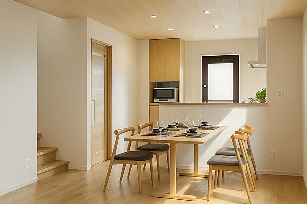 【【完成イメージパース(リビング)】】■家族が必ずリビングを通るリビング階段のある間取り。顔を合わせる機会が自然と増え、声をかけ合える安心感も。日々の何気ない交流が笑顔を育む、家族思いの住まいです。