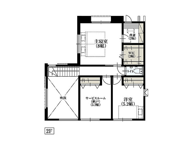 【No.1区画　2階参考プラン】※本プランは参考プランの一例です。採用につきましては土地ご購入者様の自由な判断に委ねられます。
※この参考プランによる建築予定代金のほかに外構工事費として約260万円必要です。家具・調度品は価格に含まれません。詳しくは係員にお尋ねください。
【プラン内容に含まれるもの】本体工事費・付帯工事（屋外給排水・ガス工事費）・建築確認申請料・設計料
※家具・調度品等はイメージです。
