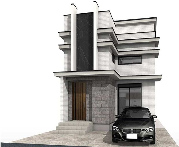 【外観予想図】建物プラン例（区画No5）
土地価格7500万円、建物価格3860万円、建物面積88.59m2
本プランは一例で採用は土地ご購入者様の判断に委ねられます。
※家具調度品は価格に含まれません。詳しくは係員にお尋ね下さい。