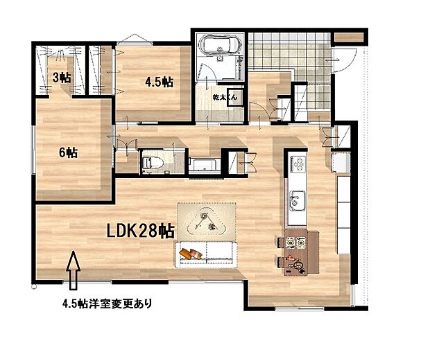土地面積218.2m2、建物面積94.14m2 2LDK+WICです、LDKが28帖、将来的に4.5帖分洋室にリノベしやすいプランニングとなっております、動線を意識した間取りとなっております