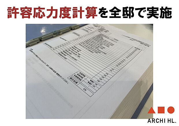 【【 許容応力度計算 】】建物の各部材に外部から力がかかった時に損傷が生じないかを確認したものです。 災害時などにおうちがどこまで耐えられるかを計算により数値化しています。