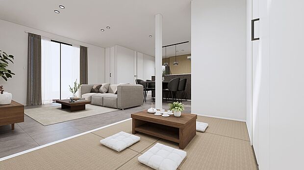 【【 LDK(C号地) 】】リビングと繋がるタタミコーナーは、来客用やお子様の遊びスペースなどに活用できます。※パースはイメージです
