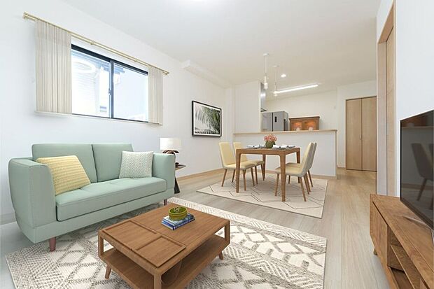 14帖のLDKは、大きな窓からたっぷりと自然光が入り込む明るい空間。オープンなレイアウトと温かみのあるデザインが家族との快適で幸せな時間をサポートします。※家具の配置等はイメージです。