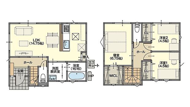 LDKは約14帖！家族が集まって楽しい時間を過ごすのに最適な空間です。対面式キッチンで料理をしながらでも家族との会話を楽しめます。2階は収納付き2つの洋室＋WICL付きの主寝室がございます◎
