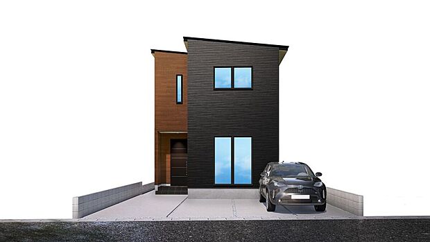 シックなブラックと温かみのある木目調が調和した、洗練された外観の二階建て住宅。コンパクトながらも機能的なデザイン♪駐車は3台可能です◎
