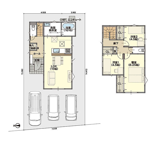 【施工例】約15帖のLDKは、家族みんなで楽しい時間を過ごすのにぴったりな空間。全居室にクローゼット(CL)、各ホール内にも物入を備えており、自然と整頓上手になれる間取りです♪