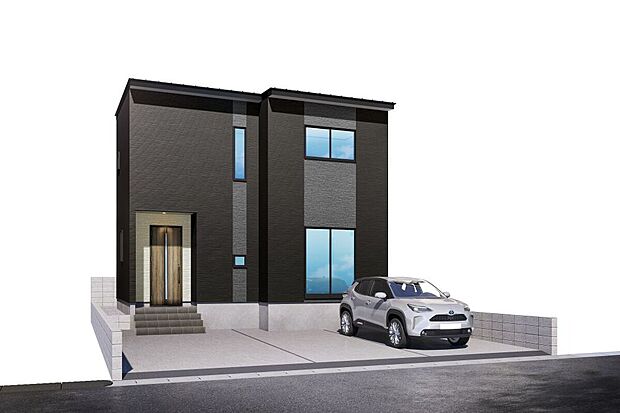 駐車場は3台分のスペースが確保されており、駐車に困ることはありません。シックなダークグレーを基調に、白のアクセントがスタイリッシュな雰囲気を演出。