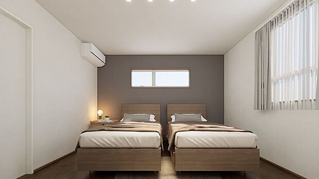 【完成予想図（内観）】■５号地主寝室（パース）　落ち着いた色合いのアクセントクロスと間接照明が、安らぎの時間を演出する主寝室です。パーソナルクローク付きで、収納力もあります。