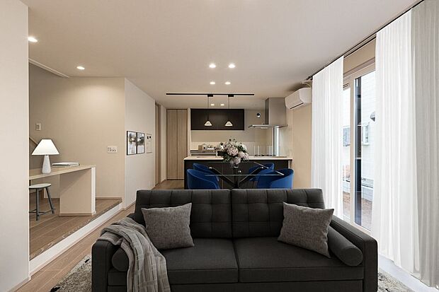 ■10号地リビング10号地のLDKには、シックな雰囲気のブラックのキッチンを配置。主張しすぎないシンプルなデザインで、お好みのインテリアとの組み合わせを楽しめます。※CG合成にて家具を設置