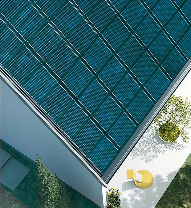 【太陽光発電システム】太陽光発電に関する長年のノウハウを結集させたPVシステム。高効率のパワーコンディショナにより、無駄のない電気供給が可能です。屋根材も兼ねた太陽電池は、建物との調和も良く、すっきり美しい佇まいになります。※写真はイメージ
