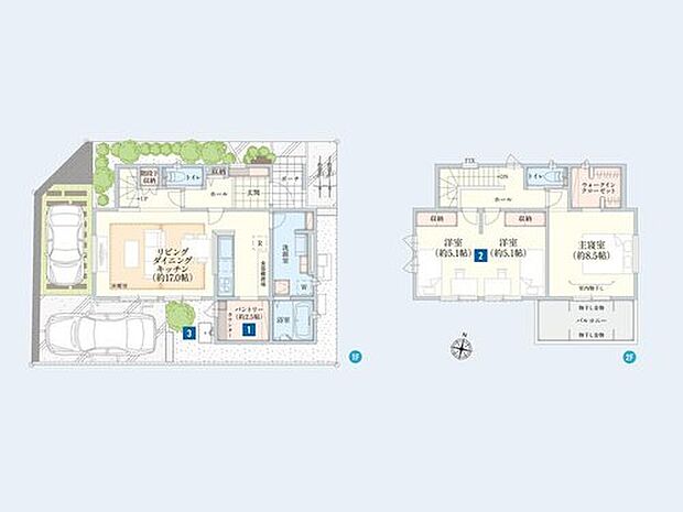 【3LDK+S】全居室が南側に配置された明るい室内プラン！
2.5帖の大型パントリーには、デスクカウンターを設置したフレキシブルな住まいです。