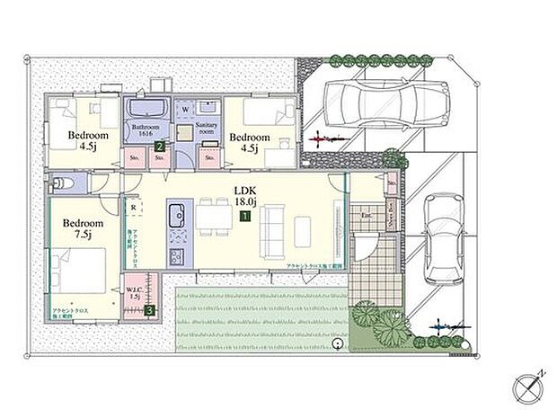 【3LDK】各居室まで18.0帖のLDKを通る動線計画となっており、ワンフロアで家族同士のコミュニケーションがとりやすいプラン。