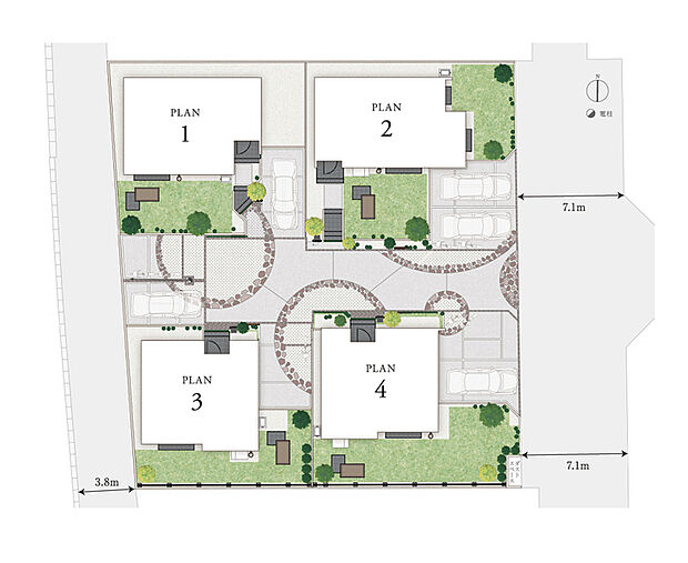 全邸がカースペースを2台確保し、さらに広い庭や家庭菜園スペースを計画することで外での暮らし方の幅も広がるなど、街の中にも豊かな時間が流れます。