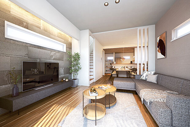 【生活シーンを心地よく彩る2階リビングプラン】2階リビングがもたらす落ち着きあるプライベート空間に、邸別設計のキッチンが家族の団らんを育みます。