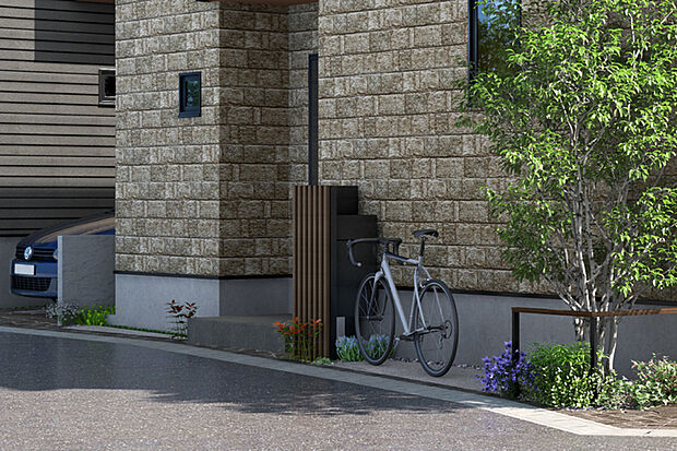 【【サイクルスペース】】通勤通学はもちろんご近所へのお買い物などにも活躍する自転車の駐輪スペースを設置しました。駐輪場所を定めることで、住まいの外構周りをすっきりと保つことができます。