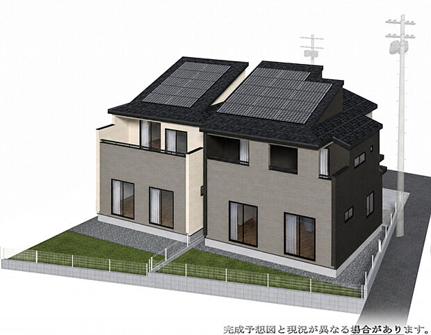 【外観完成予想図（左1号棟、右2号棟）】　南側に多用途に活用できる庭を配置。休日にはご家族で寛いだり、お子様の外遊びや家庭菜園など、暮らしの楽しみが広がるスペースです。