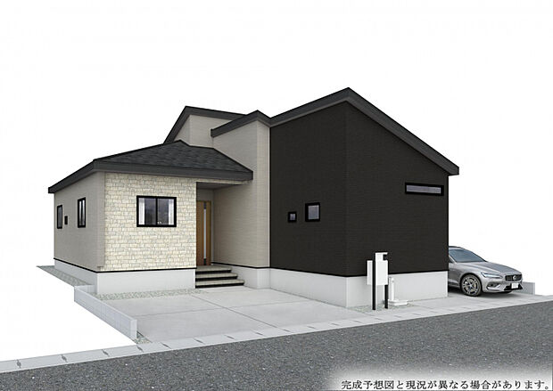 【外観完成予想図/北側】　60坪超の敷地を贅沢に使用した「4LDK」の平屋住宅。上下移動がないワンフロアの生活動線で、子育て世帯からシニア層まで永く暮らしやすい住まいです。