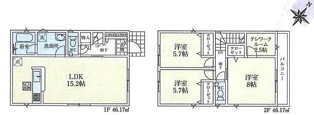 (１号棟)、3LDK+S、土地面積104.92m2、建物面積92.34m2