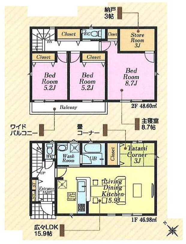 (２号棟)、3LDK+S、土地面積126.4m2、建物面積95.58m2