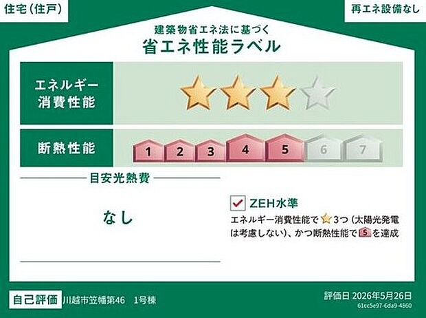こちらの物件はZEH水準を満たした、省エネ性能に優れた物件です。光熱費を抑えて暮らすことができるだけでなく、「熱の入りにくさ・逃げにくさ」という観点でも影響を受けにくい建物です。